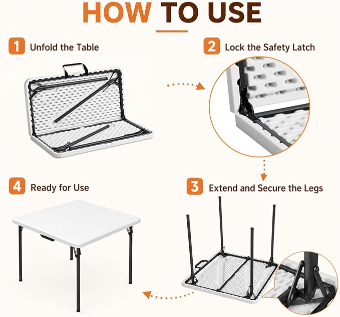 36" Square Folding Card Table - Plastic Portable Folding Table with Carrying Handle, [Heavy Duty 400 lbs] Perfect for Camping, Party, Game, Picnic, Card, Mahjong, White