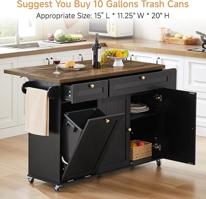 ONBRILL 60" Kitchen Island with Trash Can Storage, Black+Rustic Brown