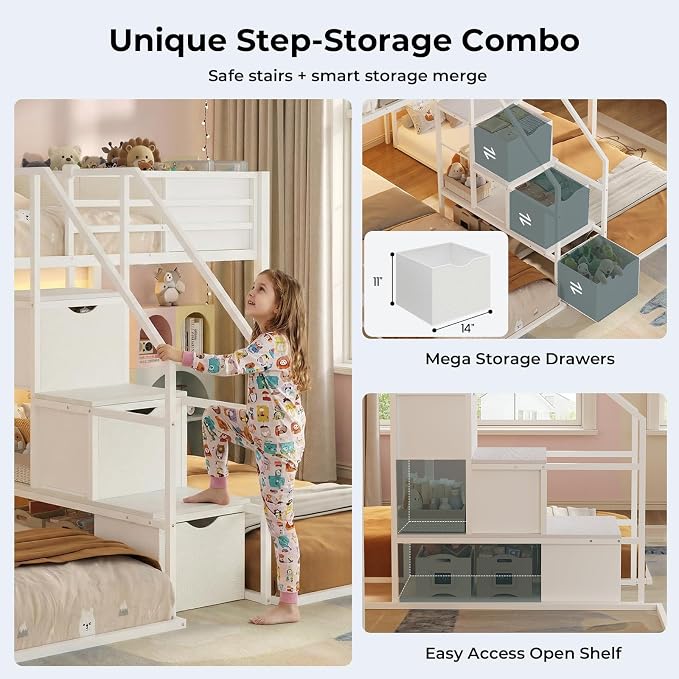 ADORNEVE Triple Bunk Bed Twin Over Twin with Storage Staircase, White