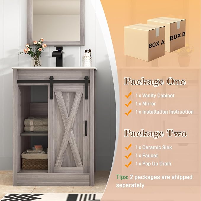 chartustriable 24 Inch Bathroom Vanity with Sink & Faucet & Mirror, Farmhouse Bathroom Vanity Cabinet Set with Sliding Barn Door & Drawers, Small Single Bath Storage Vanity Sink, Grey