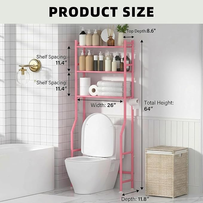 GloTika 3-Tier Over Toilet Storage, Anti-Tilt, 64" H, Pink | Anti-Tilt Safety System, 150lb Capacity, Carbon Steel, Freestanding, No Drilling, Anti-Rust Coating, Paper Holder & 4 Hooks