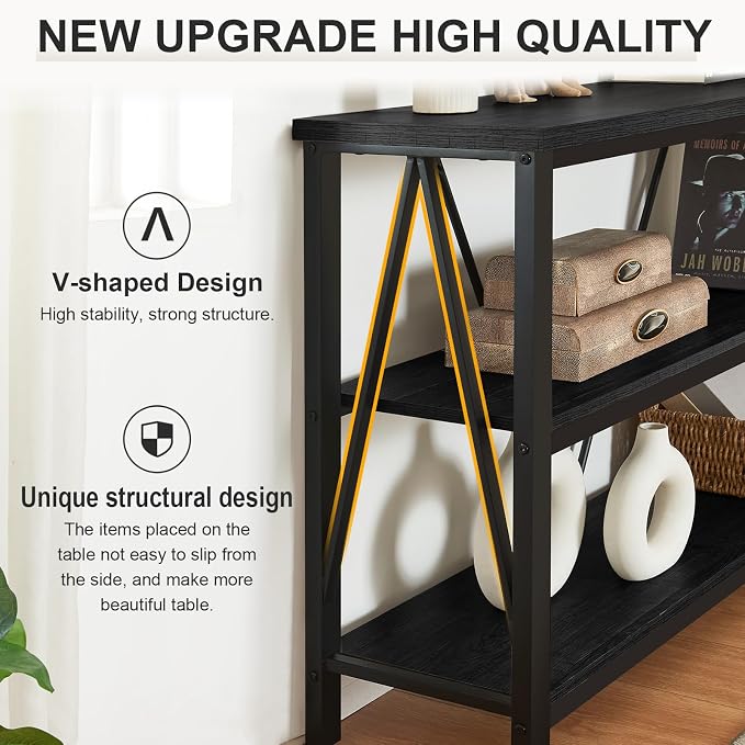 Entryway Console Table, 3 Tier Entry Table with Open Shelves, Black, 47 IN
