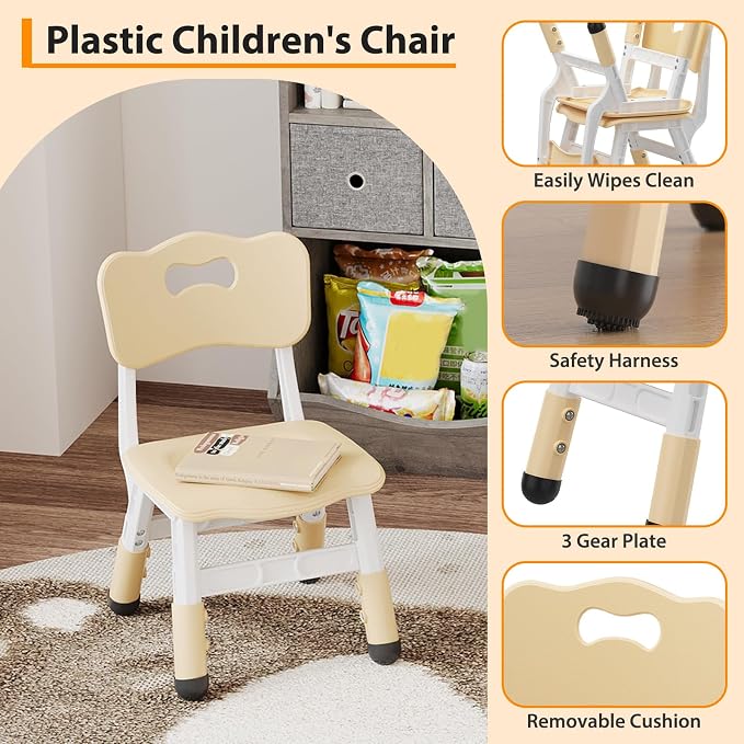 2-Pack Adjustable Kids Chairs, 3-Level Height Plastic Toddler Chair with Non-Slip Base & Stackable Design, for Home School Classroom Daycare Indoor Outdoor Use, Ages 2-8, Natural
