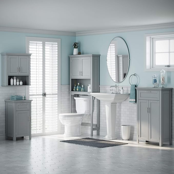 RiverRidge Somerset Two-Door Bathroom Storage, Gray Wall Cabinet, Grey, Set 1 | Open Display Shelf, Adjustable Interior Shelf, Two-Tone Handles, Space-Saving, Laundry Storage