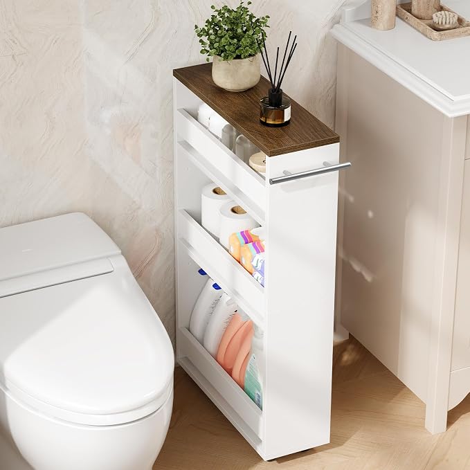Yoobure Rolling Slim Storage Cart - Narrow Cart on Wheels, Slide Out Utility Carts with Adjustable Shelves, Organizer Trolley with Handle & Flip Top for Kitchen, Laundry