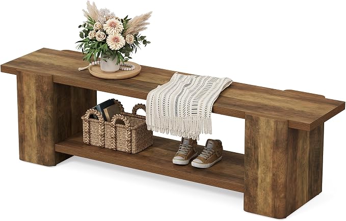 LITTLE TREE Wood Entryway Bench, 63" End of Bed Bench with Storage Shelf, Farmhouse Extra Long Shoe Bench for Entryway, Dining Room, Hallway, Living Room, Bedroom, Double-Reinforced Legs, Brown