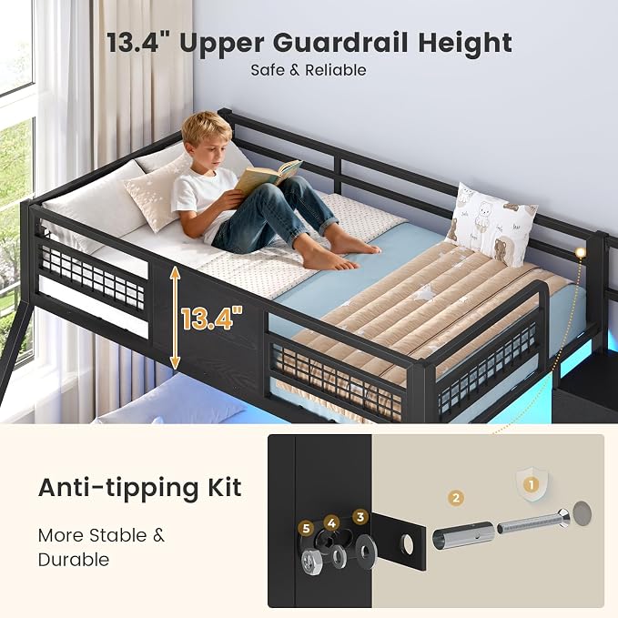 BTHFST Bunk Bed Twin Over Full with Stairs, Storage Drawers and LED Lights