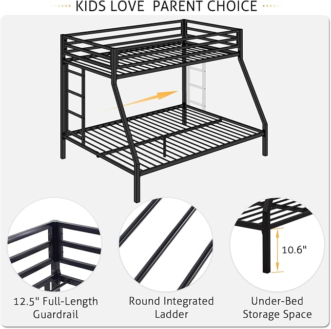 SHA CERLIN Bunk Bed Twin Over Full Size with Ladder and Guardrail,Black