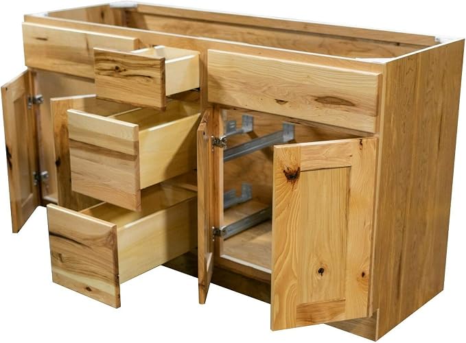 Riley & Higgs Hickory Double Sink Vanity, 60"Wx34.5"Hx21"D | Country rustic style with 4 doors and 3 drawers for ample storage in a 60-inch double-sink base