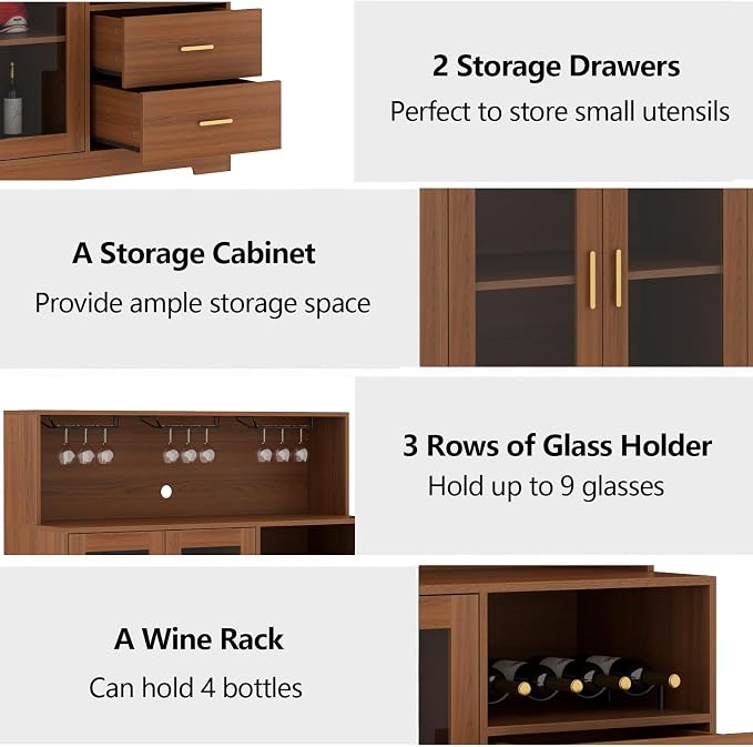 Bar Cabinet for Home with LED Light,Coffee Bar Cabinet w/ Wine & Glass Rack