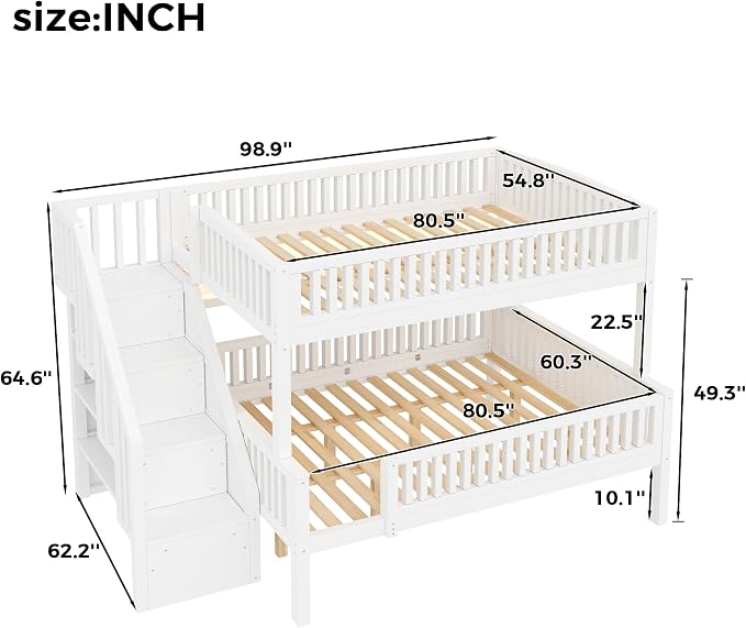 LUMISOL Full XL Over Queen Bunk Bed with Stairs, Solid Wood Bunk Bed Frame with LED Light and Bookshelf, White