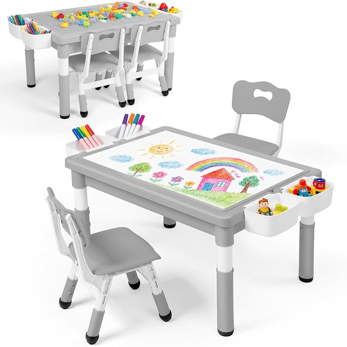 Kinder King Kids Table & 2 Chairs Set, Adjustable Heights, Storage, Grey