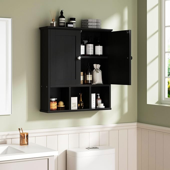 DL-win Meilocar Bathroom Wall Cabinet, Bathroom Cabinet Wall Mount Organizer Shelf for Toiletries, Towels & Essentials – Waterproof MDF, Space-Saving Bathroom Storage (Classic Black)