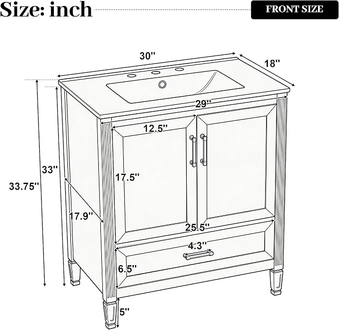 Merax 30" Bathroom Vanity with Undermount Ceramic Sink, Cabinet with Two Door Rack Shelves and One Drawer, Soft Closing Doors, White