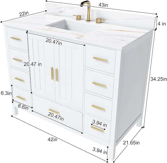 Montary 42" Bathroom Vanity with Sink & 43" Carrara Sintered Stone Top | with 3 Pre-Drilled Faucet Holes, Solid Wood Cabinet, Soft-Close Double Doors & 9 Smooth-Glide Drawers,White