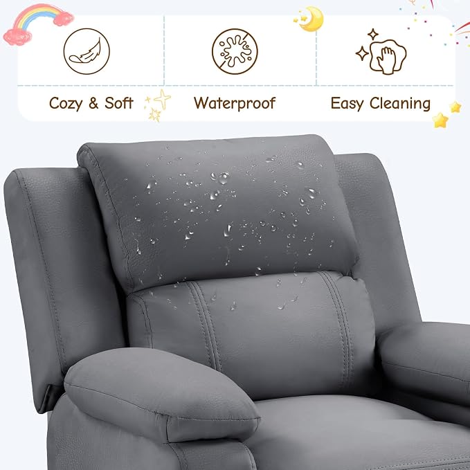 CANMOV Kids Push Back Recliner Chair, Gray Faux Leather Toddler Sofa.