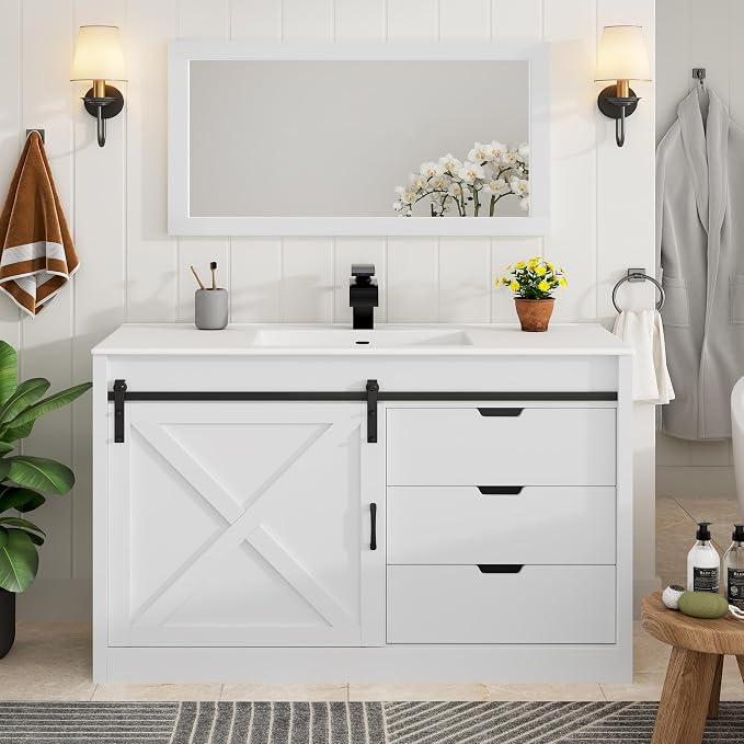 chartustriable 47 Inch Bathroom Vanity with Sink & Faucet & Mirror, Farmhouse Bathroom Vanity Cabinet Set with Sliding Barn Door & Drawers, Large Single Bath Storage Vanity Sink, White