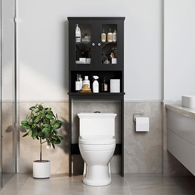 Over The Toilet Storage Cabinet for Bathroom, Black Storage Organizer Over Toilet, Space Saver with 2 Tempered Glass Doors, Black