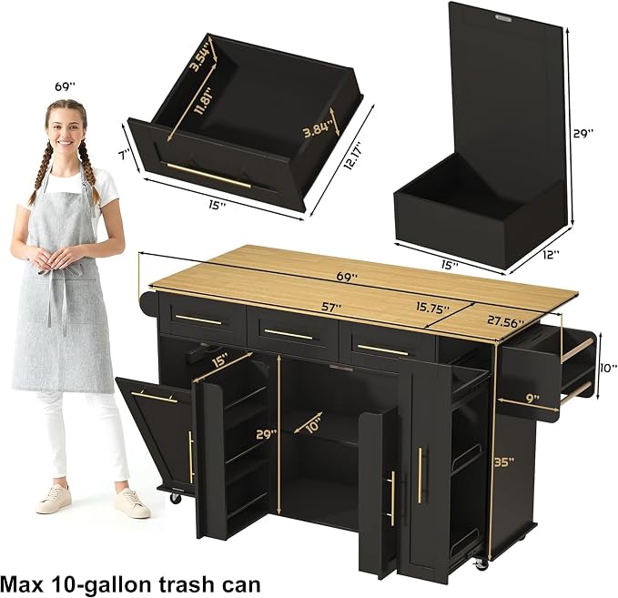 St.Mandyu 69" Large Kitchen Island on Wheels, Kitchen Rolling Island Cart with Trash Storage Cabinet, Power Outlet, 3-Tier Pull-Out Storage Trays, Drop Leaf, Mobile Island Table for Kitchen, Black