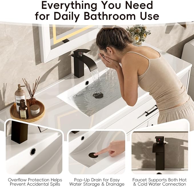 St.Mandyu 48" Bathroom Vanity w/Sink & LED Mirror & Faucet,Modern Bathroom Vanities Set w/ 3-Color Lighting, Curved Splash-Reducing Basin, Bath Vanity w/Large Storage Cabinet&Drawers,White