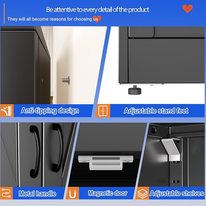 GAIOUS 43.3'' Tall Kitchen Pantry Cabinet, Black Metal Storage Cabinet | with 2 Doors and 3 Adjustable Shelves, Steel Freestanding Cupboard, 4 Tier Bookcase for Dining Home Office Bathroom Bedroom