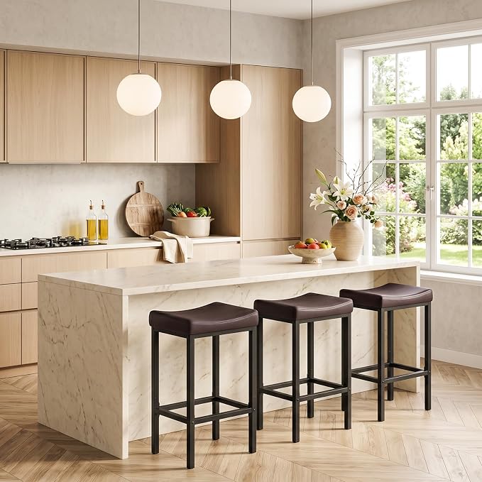 HOOBRO Bar Chairs, Set of 3 Counter Height Saddle Stools with Curved Surface, 24.8 Inches, 2.4" Thick Upholstery, for Kitchen and Dining Room, Brown and Black BC10BYP301