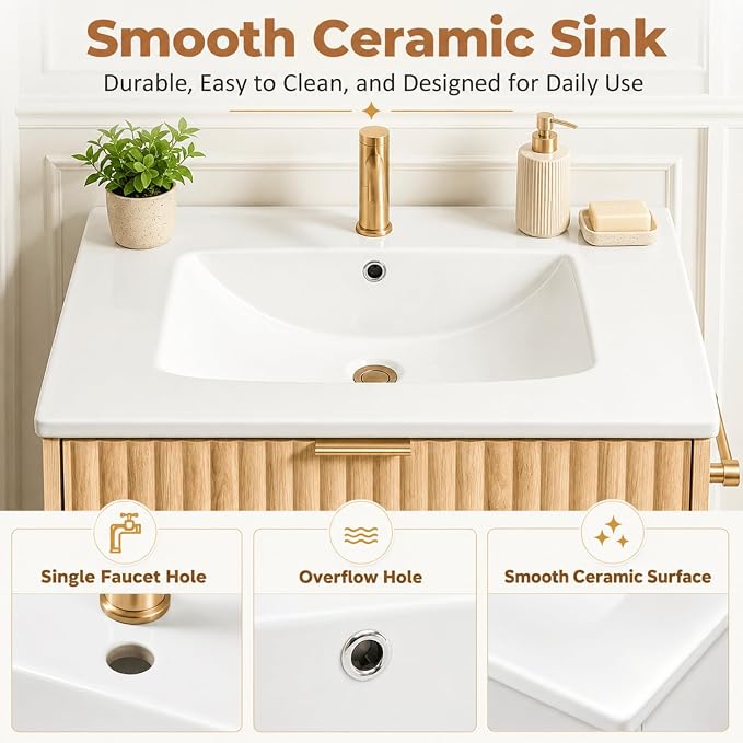 VINGLI 24 Inch Bathroom Vanity with Sink, Modern Fluted Bathroom Vanity Cabinet with Drawers, Freestanding Oak Bathroom Sink Cabinet, Ceramic Basin, Side Toilet Paper Holder, Oak