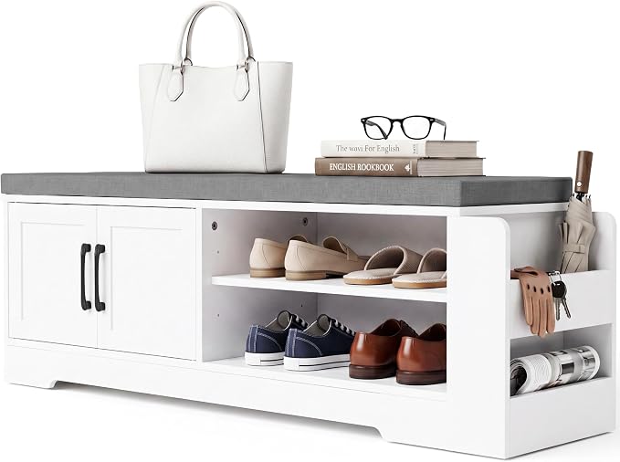 Farmhouse Shoe Storage Bench with 3-in-1 Entryway Storage & Padded Seat