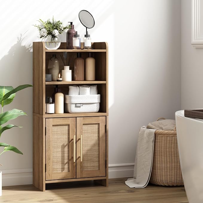 Small Bathroom Storage Cabinet with 2 Doors & Shelf,Rattan Natural | Narrow Storage Organizer, Toilet Paper Floor Cabinets Freestanding, for Small Spaces, Laundry Room, 7.8" D x 14.6" W x 31" H