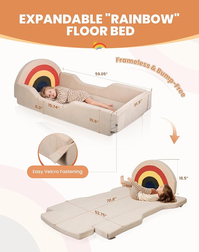 Toddler Bed with Mattress Included, Rainbow Toddler Floor Beds No Assembly Needed, Soft Foam Kids Floor Bed with Fold-Down Rails, No Wood Frame Safety Floor Beds for Boys and Girls Aged 2-8 Years