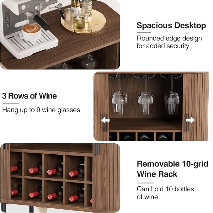 Coffee Bar Cabinet with Storage, Fluted Wine Cabinet with Sliding Doors