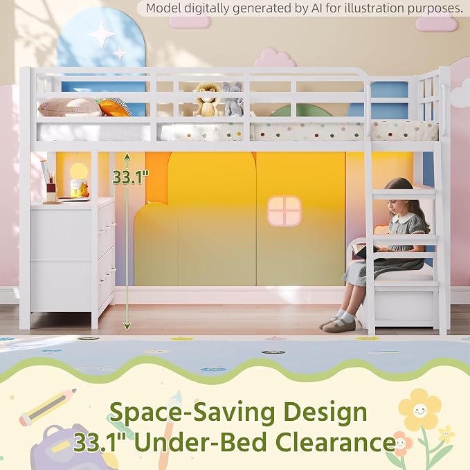 Dnxao Low Loft Bed Twin Size with 9 Storage Drawers and Desk for Kids,White