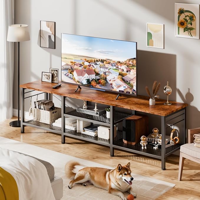 Furologee 63 Inch TV Stand, Entertainment Center with Shelves, Rustic Brown