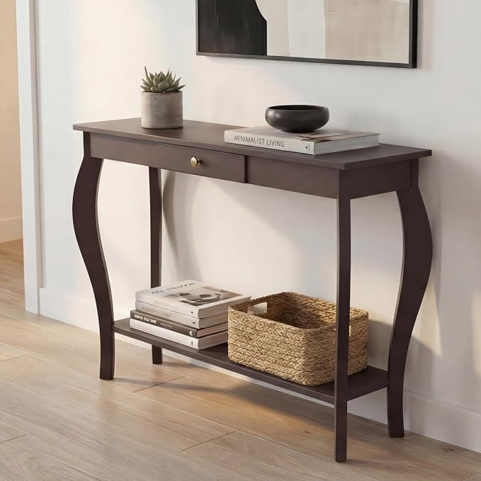 ChooChoo 47 Inch Narrow Console Table with Drawer, Chic Accent Sofa Entryway Table with Shelves for Entryway, Living Room, Hallway, Espresso