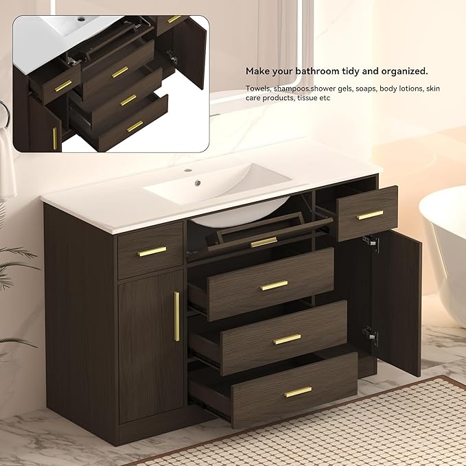 LUMISOL 48 Inch Bathroom Vanity with Sink, Freestanding Bathroom Vanity with 6 Storage Drawers and 2 Soft-Closing Doors, Wood 48" Bathroom Vanities with Resin Sink, Dark Brown