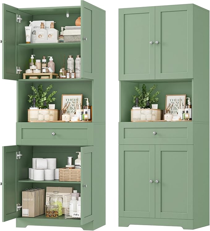 HIFIT Tall Bathroom Storage Cabinet with Drawer, Modern Linen Cabinet,Green | 67"H Tall Storage Cabinet with Doors & Shelves, Freestanding Kitchen Pantry for Bathroom, Dining Room, Laundry, Narrow Corner