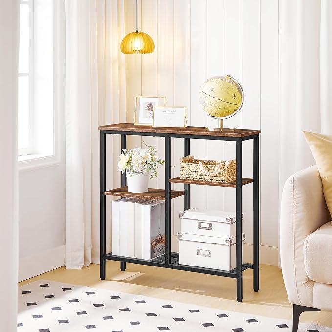 HOOBRO Narrow Console Table, Sofa Table, 4-Tier Industrial Entryway Table with Metal Mesh Shelf, Hallway Table with Adjustable Feet, for Entryway, Living Room, Hallway, Rustic Brown and Black BF79XG01