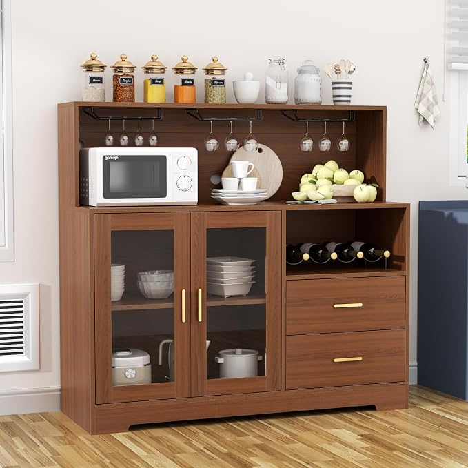Bar Cabinet for Home with LED Light,Coffee Bar Cabinet w/ Wine & Glass Rack