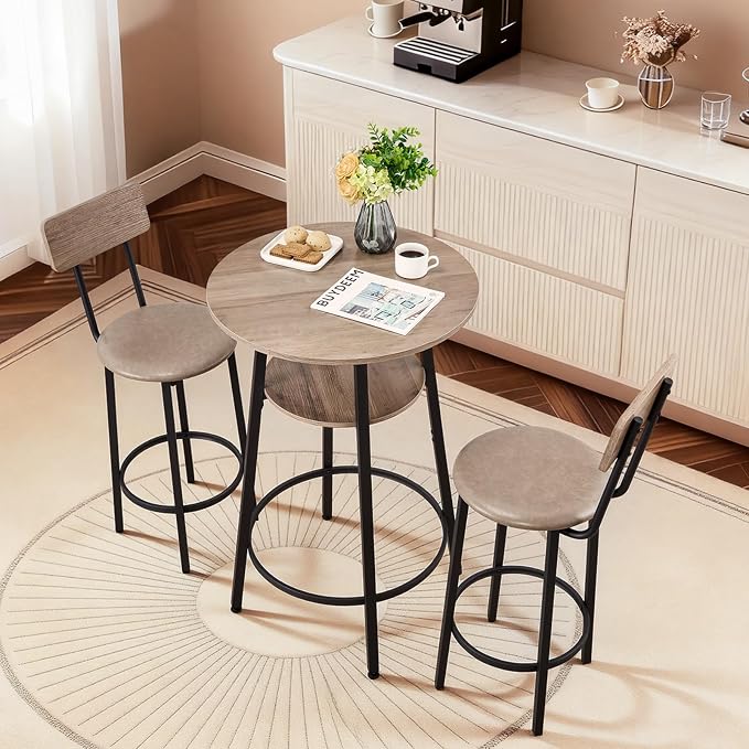 VEVOR Bar Table and Chairs Set, 3PCS 23.5″ Bars Tables Set with Rounded Corner Design, Round Pub Table with Two Stools for Office Desk, Breakfast Corner, Mini Bars, Light Gray, Black