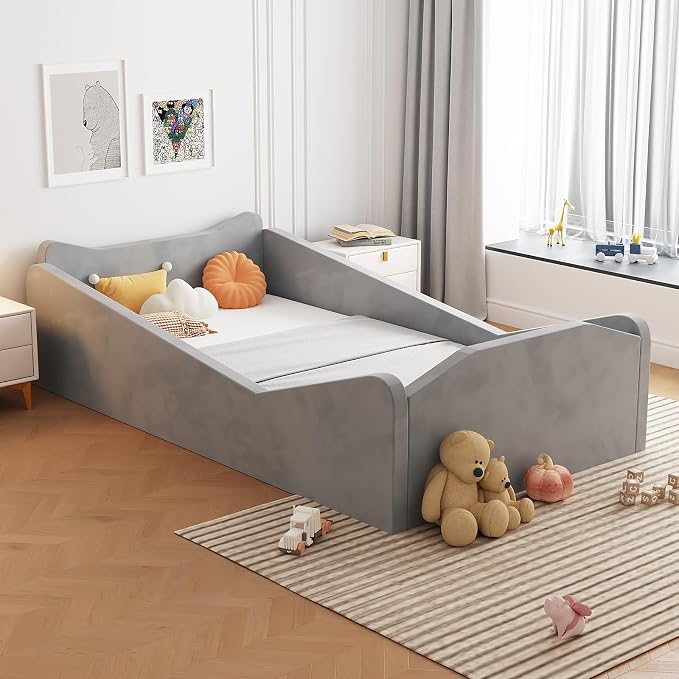 JOYMOR Toddler Bed, Floor Bed with Safety Guadrail, Montessori Toddler Bed with Animal Ear Shapes, Soft Velvet Wood Bed for Infant, Kids, Mattress not Included (Gray)