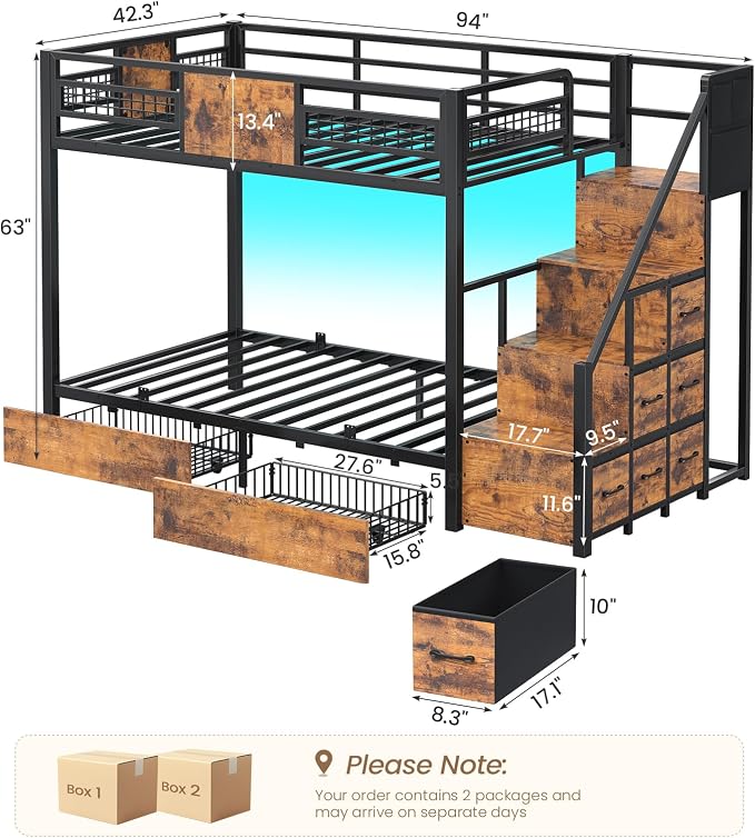 BTHFST Bunk Bed Twin Over Twin with Stairs, Storage Drawers and LED Lights