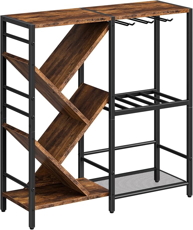 HOOBRO Liquor Bar Cabinet, Modern Liquor Cabinet with Wine Rack & Glass Holder, Liquor Bar Cabinet with Power Outlet, Mini Bar Table for Home Bar, Rustic Brown and Black BF36JJ01
