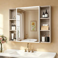 35.4 x 27.5 Inch LED Bathroom Mirror Cabinet with Open Shelves on Both Sides, 3 Color Dimmable Lighted Medicine Cabinet, Plug-in or Hardwired Anti-Fog Aluminum Medicine Cabinet with Hidden Storage