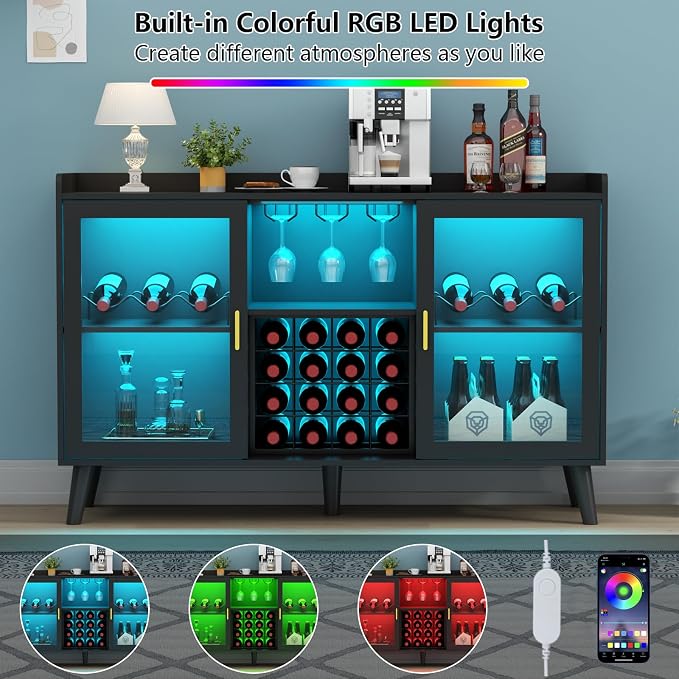 Wine Bar Cabinet with LED Light, Home Coffee Cabinet w/ Wine & Glass Holder
