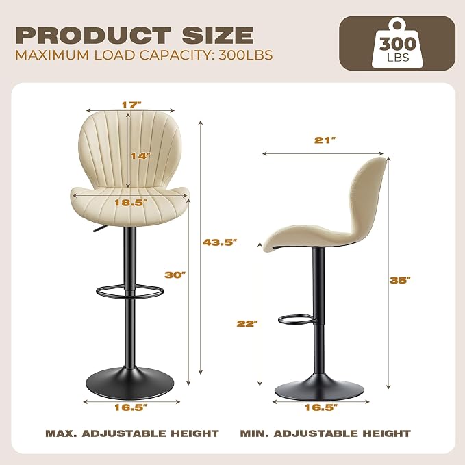 GRUSIGN Bar Stools Set of 4, Modern Swivel Adjustable Bar Chairs, Faux Leather Upholstered Counter Height Bar Stools with Backrest, Comfort Barstools for Kitchen Island, Home Bar, Beige