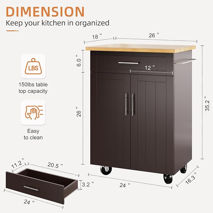 Shintenchi Kitchen Island cart with Storage, Portable Bar Cabinet on Wheels, Rolling Microwave Cart Side Table with Workstation for Kitchen, Dinning Room, Brown