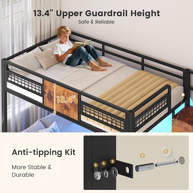 BTHFST Bunk Bed Twin Over Twin with Stairs, Storage Drawers and LED Lights