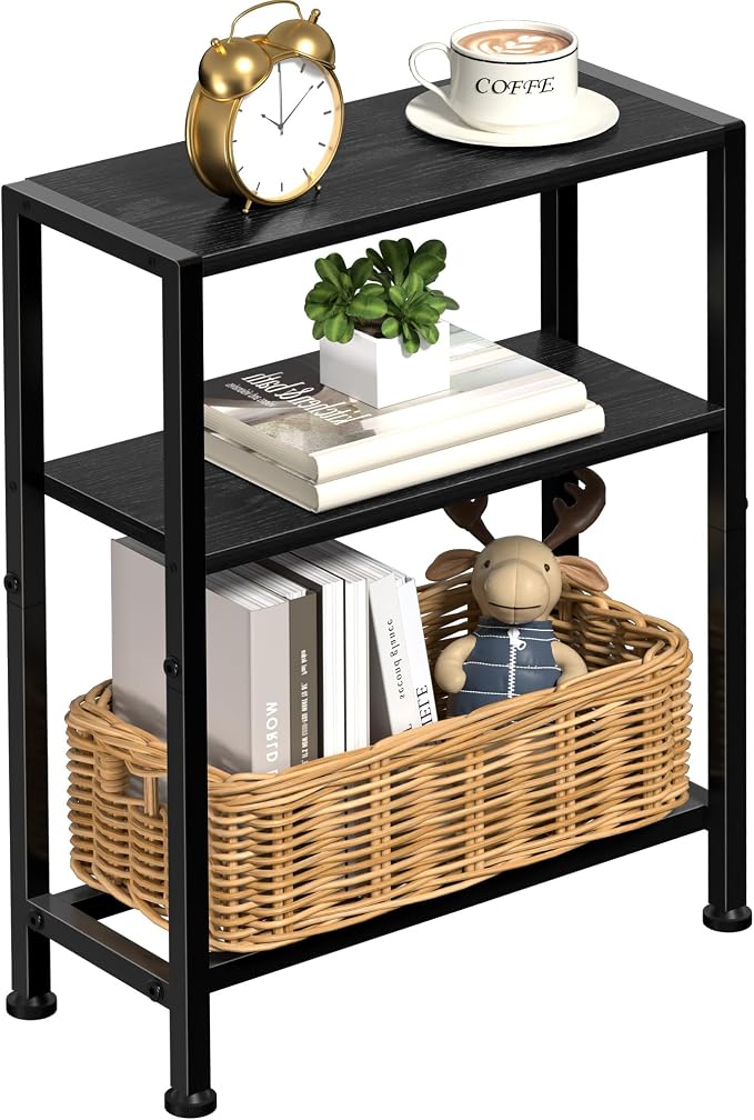 Narrow Side Table for Small Space, 2-Tier Small End Table with Shelf Holder, Slim Nightstand, Skinny Snack Couch Table in Living Room, Bedroom, Study, Kitchen and Balcony (Black)