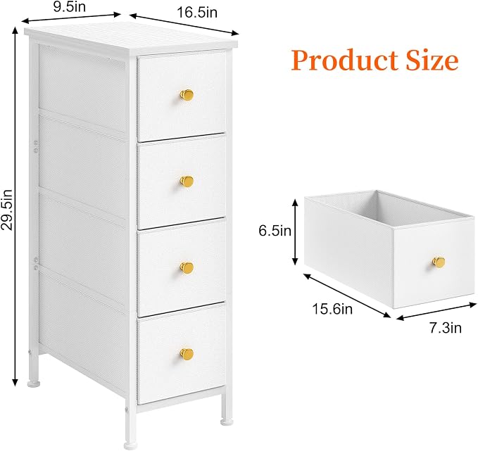 Fixwal Narrow Storage Cabinet, Slim Dresser with 4 Fabric Drawers, White | 9.5in width, sturdy & stable structure, solid steel frame, wooden top, suitable for bedroom, bathroom & laundry room