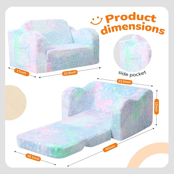 MeMoreCool Kids Couch, Glow Dark Rainbow Star Fold Out Sofa, Pastel Tie Dye